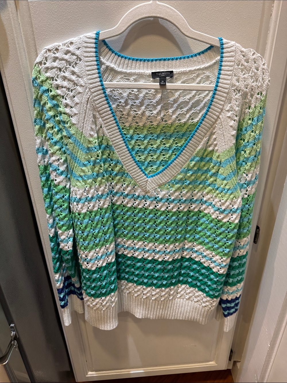 Talbots White V-Neck Open Knit Sweater with Green and Blue Stripes